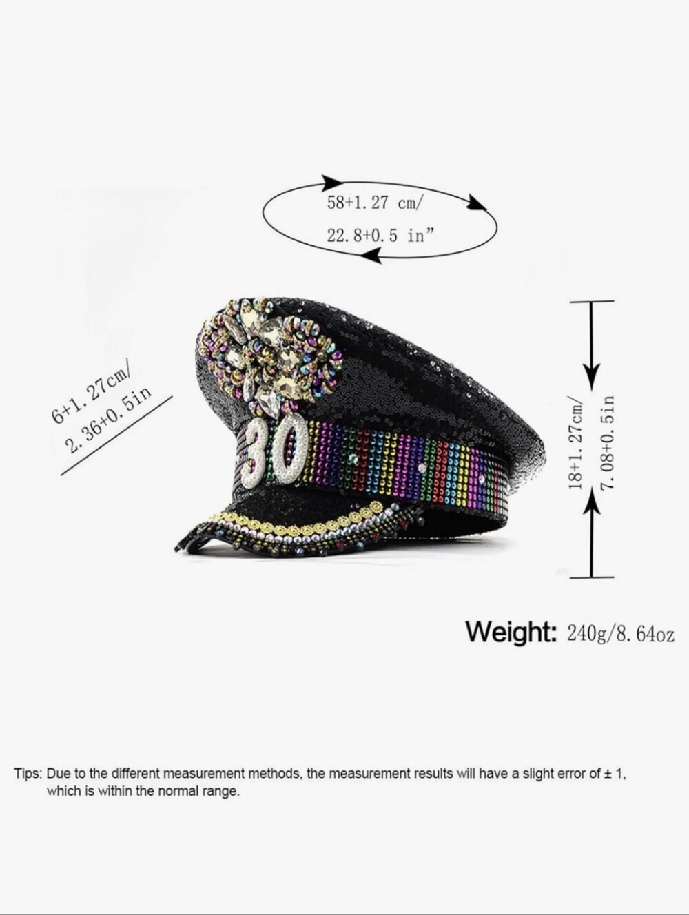 GRABAGECAN Black Sequin Captain Hat with Multicolor Rhinestones - Picture 3 of 4